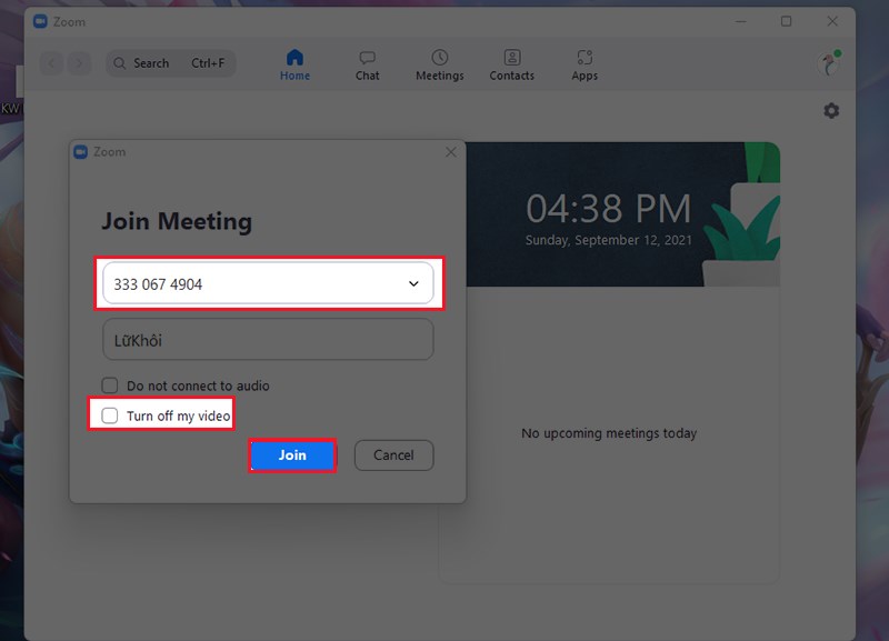 Nhập ID cuộc họp, sau đó click bỏ ô Turn off my video > nhấn Join để vào cuộc họp