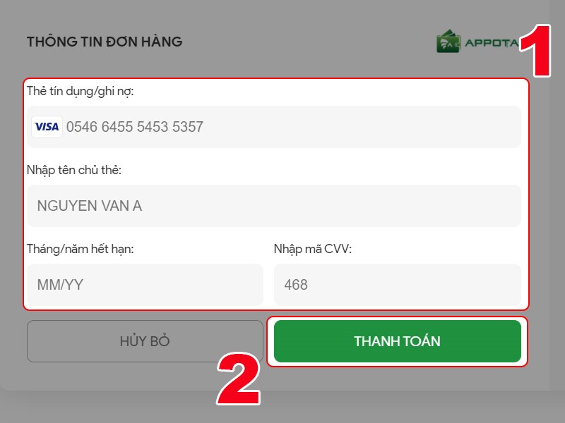 Nhập th&ocirc;ng tin thẻ t&iacute;n dụng v&agrave; thanh to&aacute;n