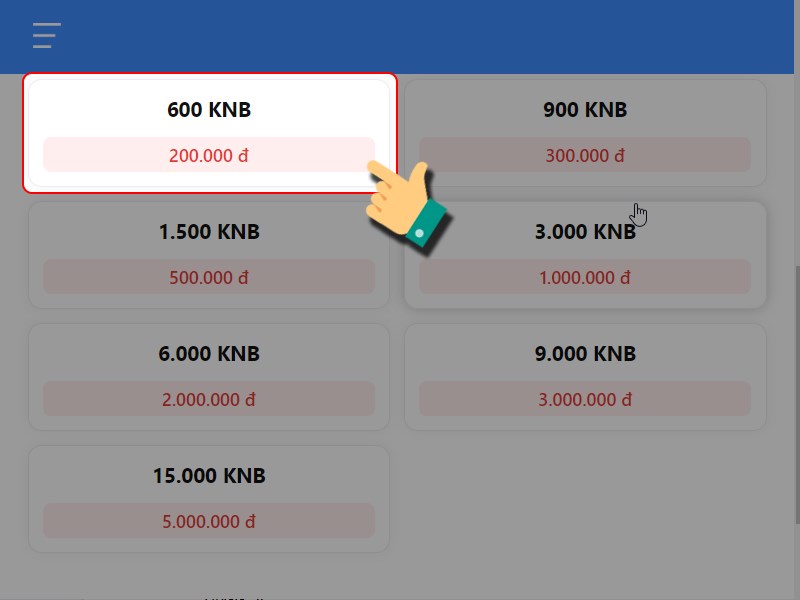 Chọn g&oacute;i nạp bạn muốn d&ugrave;ng