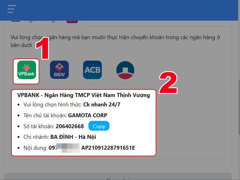 Chuyển khoản theo th&ocirc;ng tin ở đ&acirc;y