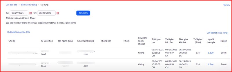 Tại đây sẽ xuất hiện danh sách các lớp học, họp online với các mốc thời gian cụ thể