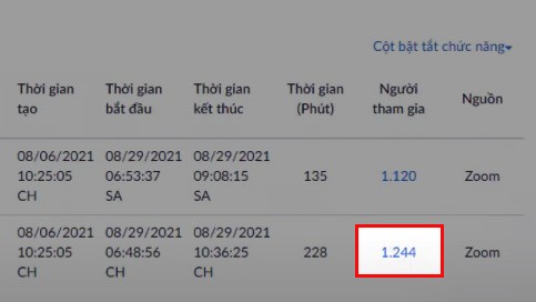 Tại cột Người tham gia của lớp học, họp online mà bạn muốn điểm danh, nhấn vào dãy số màu xanh