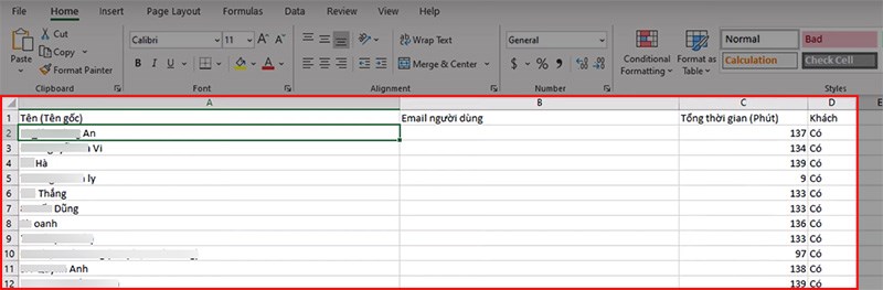 Mở file Excel đã tải về và xem danh sách các thành viên đã tham gia vào lớp học, họp online
