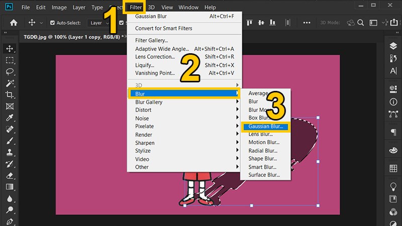 Chọn Filter rồi Blur v&agrave; Gaussian Blur