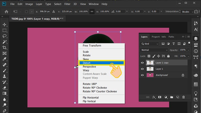 Nhấn Ctrl + T v&agrave; click chuột phải chọn Distor