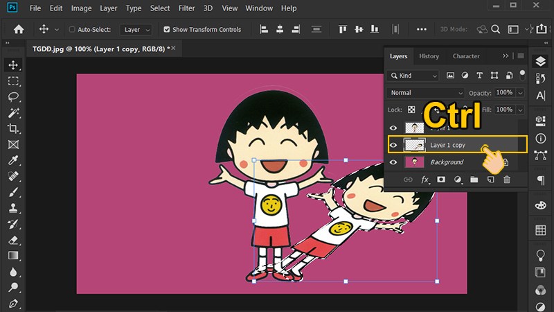 Nhấn giữ Ctrl v&agrave; click v&agrave;o Layer 1 copy