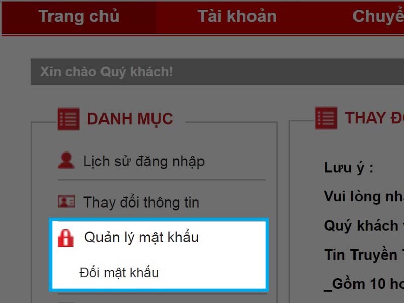 Chọn Quản lý mật khẩu và nhấp vào mục Đổi mật khẩu