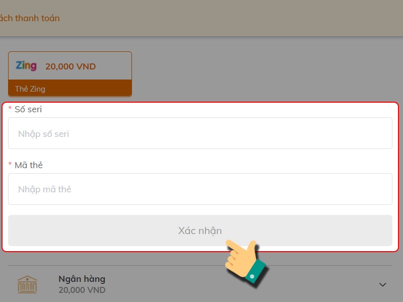 Nhập th&ocirc;ng tin thẻ Zing