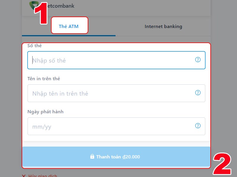 Nhập th&ocirc;ng tin thẻ ng&acirc;n h&agrave;ng v&agrave; thanh to&aacute;n