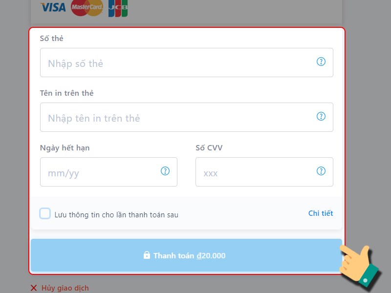 Nhập th&ocirc;ng tin thẻ t&iacute;n dụng v&agrave; thanh to&aacute;n