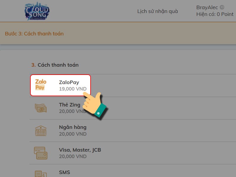 Nhấn v&agrave;o phương thức thanh to&aacute;n ZaloPay