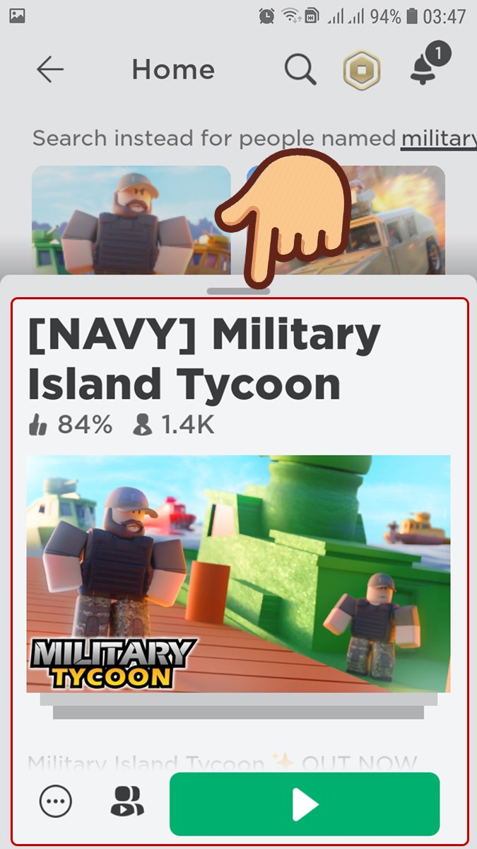 V&agrave;o roblox t&igrave;m v&agrave; chọn mode chơi Military Island Tycoon