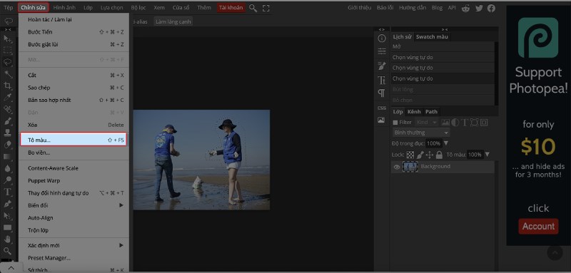 Chọn lệnh fill để xo&aacute; đối tượng bằng c&aacute;ch nhấn Shift + F5 hoặc chọn Chỉnh sửa > T&ocirc; M&agrave;u.