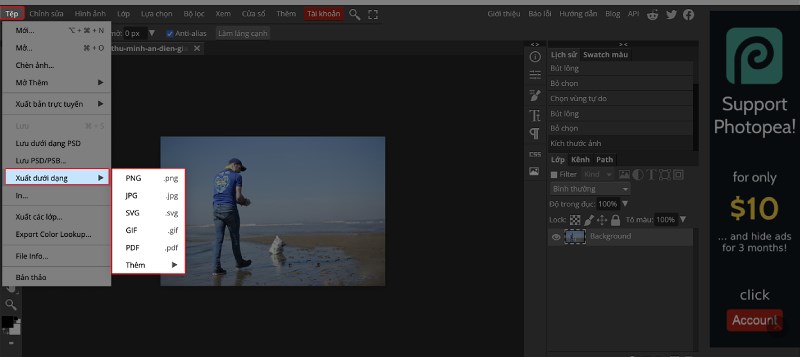 Lưu ảnh về bằng c&aacute;ch chọn Tệp > chọn Xuất ảnh dưới dạng >&nbsp;Chọn định dạng bạn cần lưu.