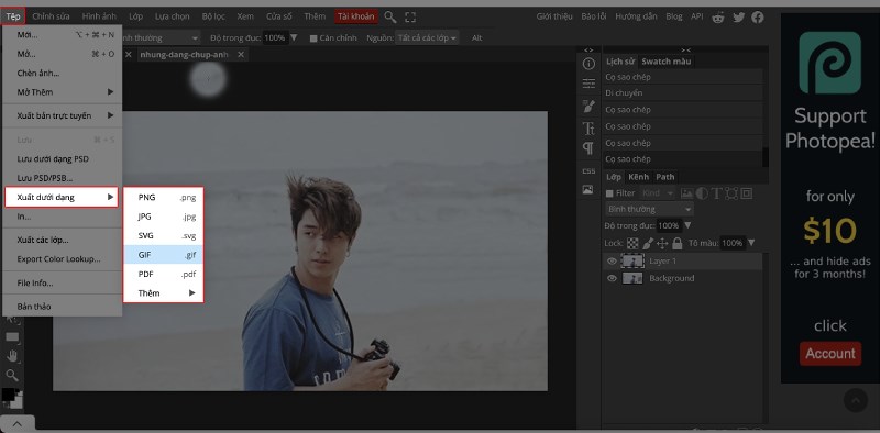 Lưu ảnh về bằng c&aacute;ch chọn Tệp > chọn Xuất ảnh dưới dạng >&nbsp;Chọn định dạng bạn cần lưu.