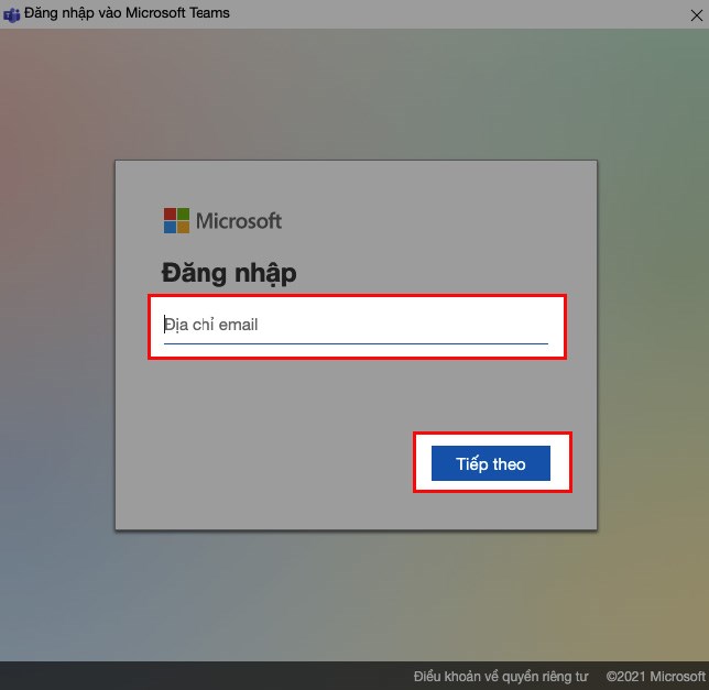 Nhập t&agrave;i khoản Microsoft Teams bạn muốn th&ecirc;m > Chọn Tiếp theo