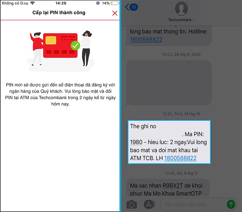 Hoàn thành cấp lại PIN, kiểm tra tin nhắn SMS