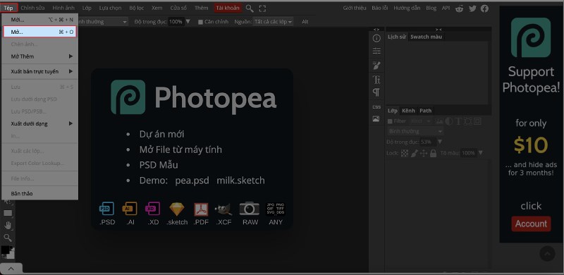 Mở ảnh cần xo&aacute; chữ bằng c&aacute;ch bấm command + O hoặc chọn Tệp > chọn Mở.