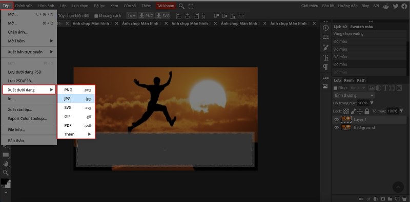 Lưu ảnh bằng c&aacute;ch chọn Tệp > chọn Xuất dưới dạng > Chọn định dạng bạn muốn lưu.