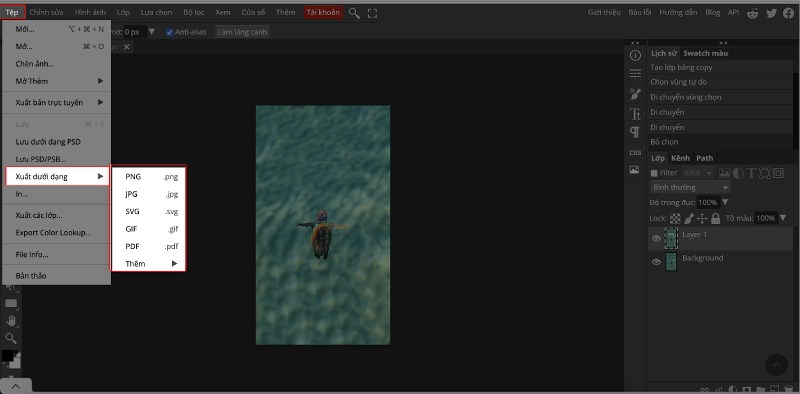 Lưu ảnh bằng c&aacute;ch chọn Tệp > chọn Xuất dưới dạng > Chọn định dạng bạn muốn lưu.