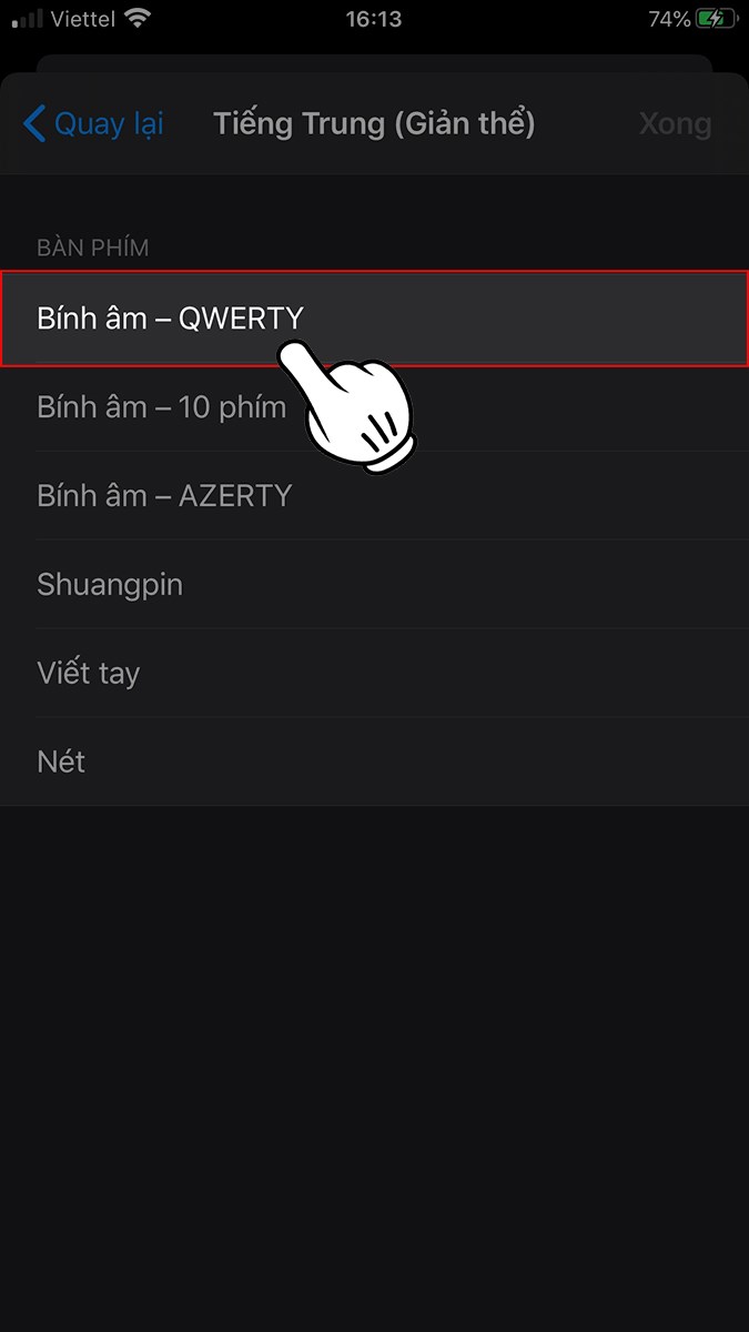 Chọn tiếp kiểu gõ tiếng Trung phù hợp để cài đặt bộ gõ tiếng Trung cho điện thoại iOS