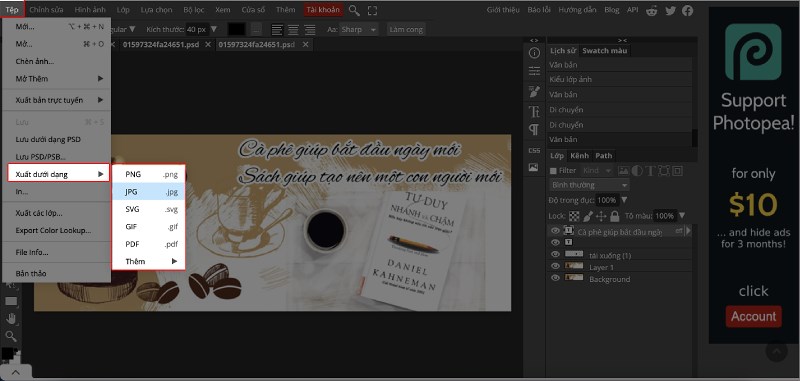 Lưu ảnh về bằng cách chọn Tệp > chọn Xuất dưới dạng > chọn định dạng bạn muốn lưu.