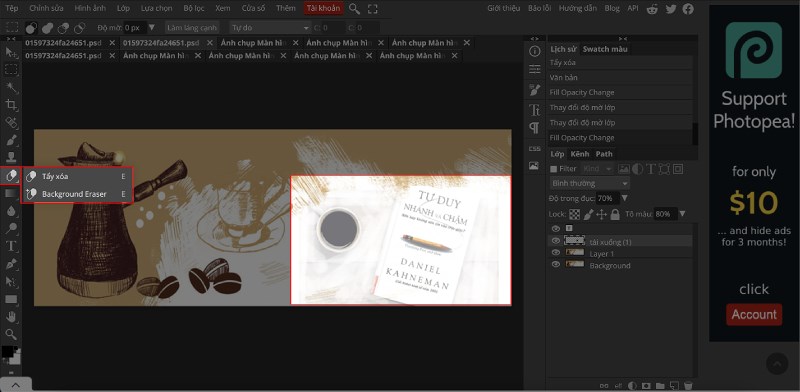 Làm mờ nền hoặc xoá nền của layer để ảnh bìa tự nhiên hơn bằng công cụ Tẩy xoá và Background Eraser bằng cách bấm E hoặc chọn biểu tượng cục tẩy trên thanh công cụ.