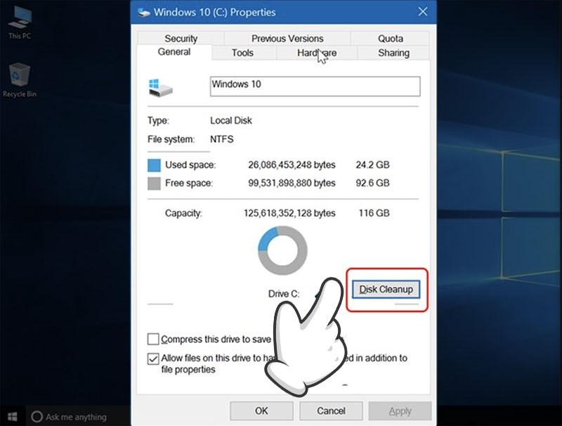 Chọn tab General và chọn Disk cleanup