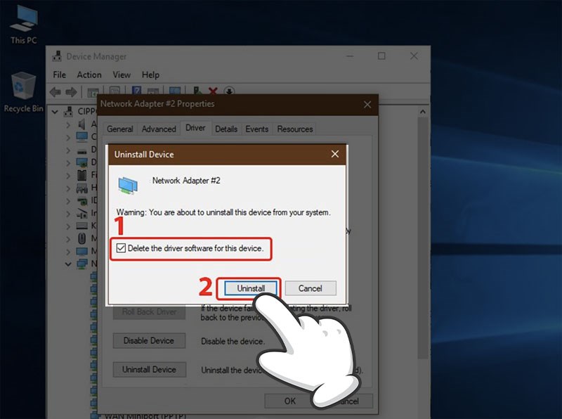Tích vào ô Delete the driver software for this device, tiếp tục chọn Uninstall.