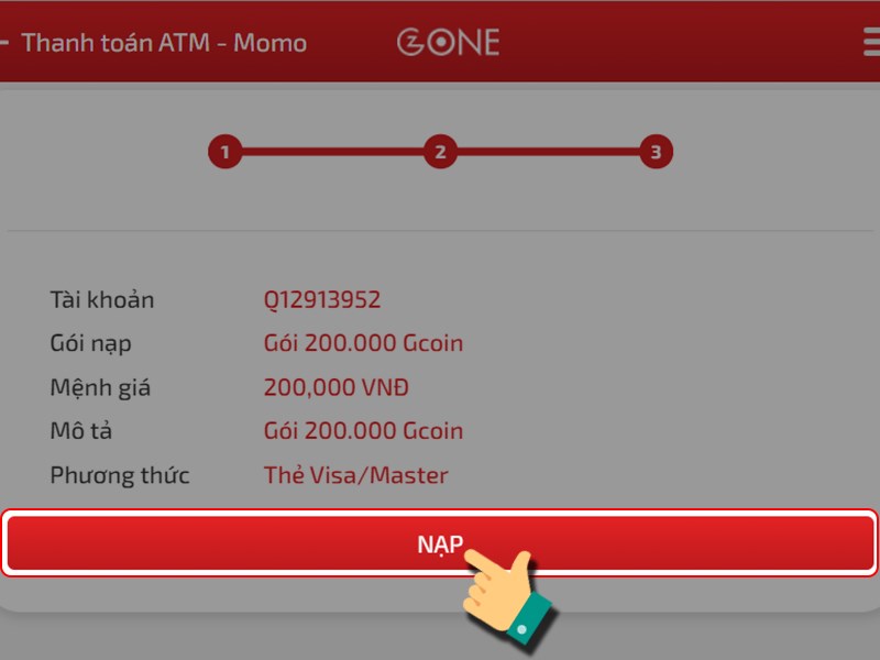 Nhấn Nạp để tiếp tục