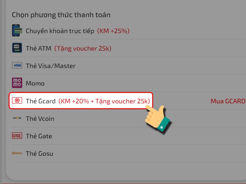 Nạp bằng thẻ Gcard