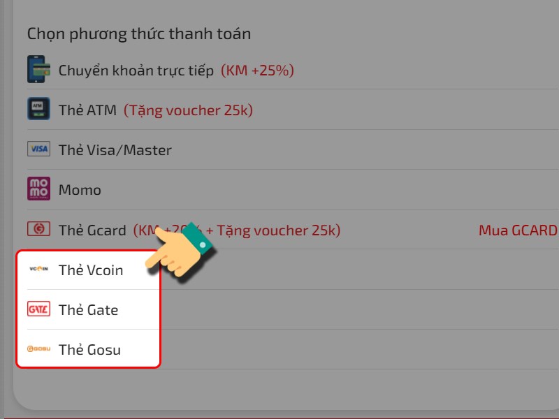 Chọn thanh toán bằn thẻ VCoin/Gosu/Gate