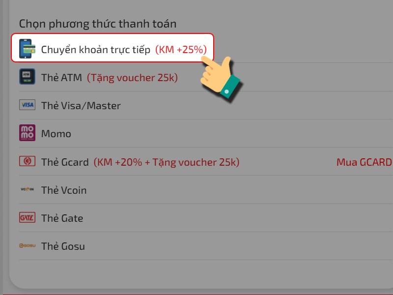 Chọn Chuyển khoản trực tiếp