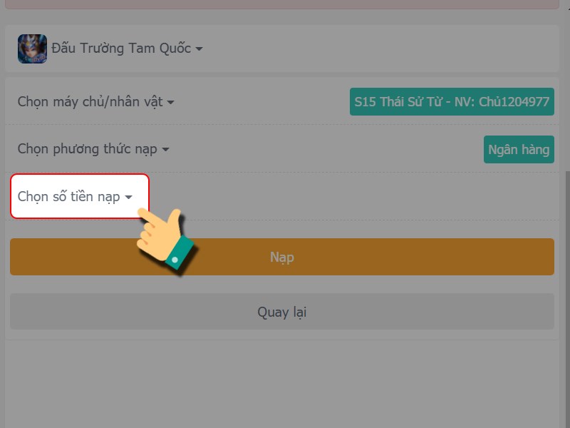 Chọn số tiền nạp