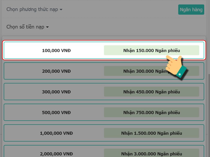 Chọn g&oacute;i ng&acirc;n lượng bạn muốn nạp
