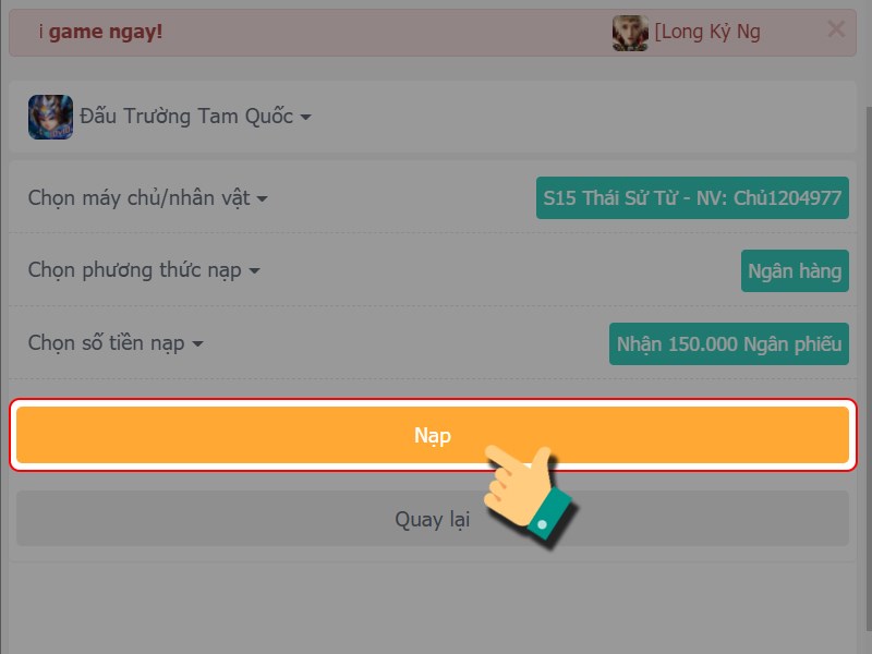 Tiếp tục nhấn Nạp
