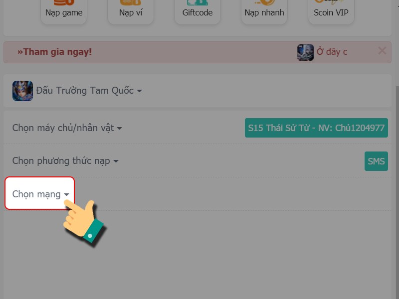 Nhấn mục Chọn mạng