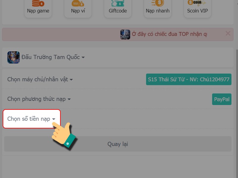 Chọn số tiền nạp