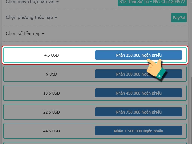 Chọn g&oacute;i nạp bạn muốn mua