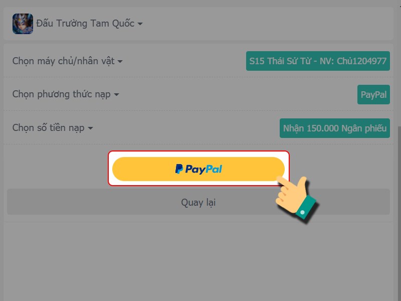 Nhấn v&agrave;o PayPal