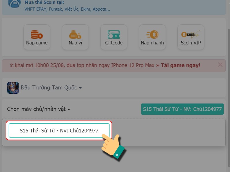 Chọn nh&acirc;n vật bạn muốn nạp tiền