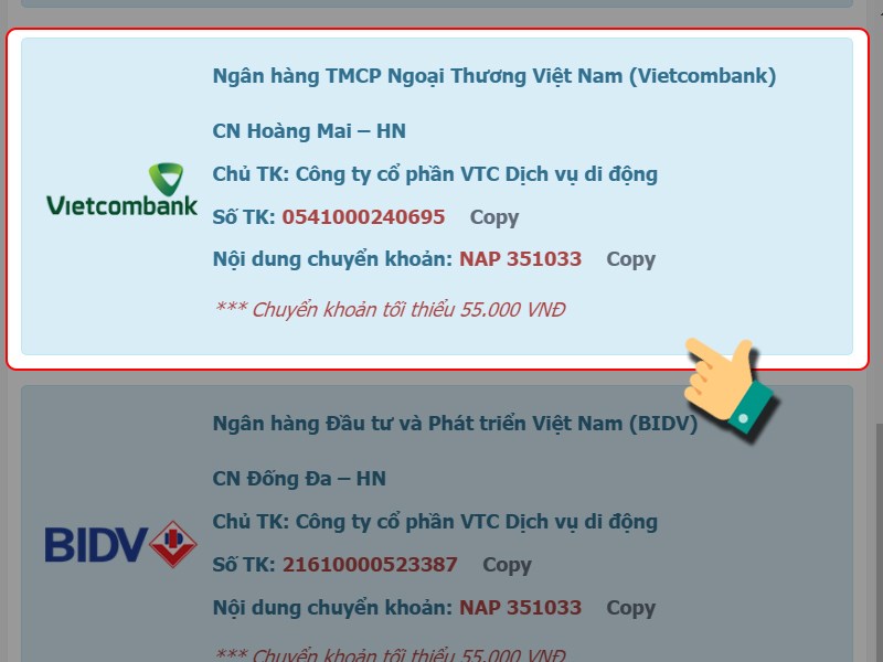 Chuyển khoản v&agrave;o t&agrave;i khoản VTC