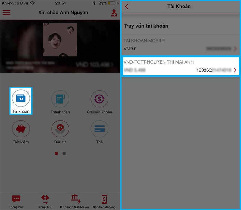 Nhấn mục Tài khoản để tra cứu