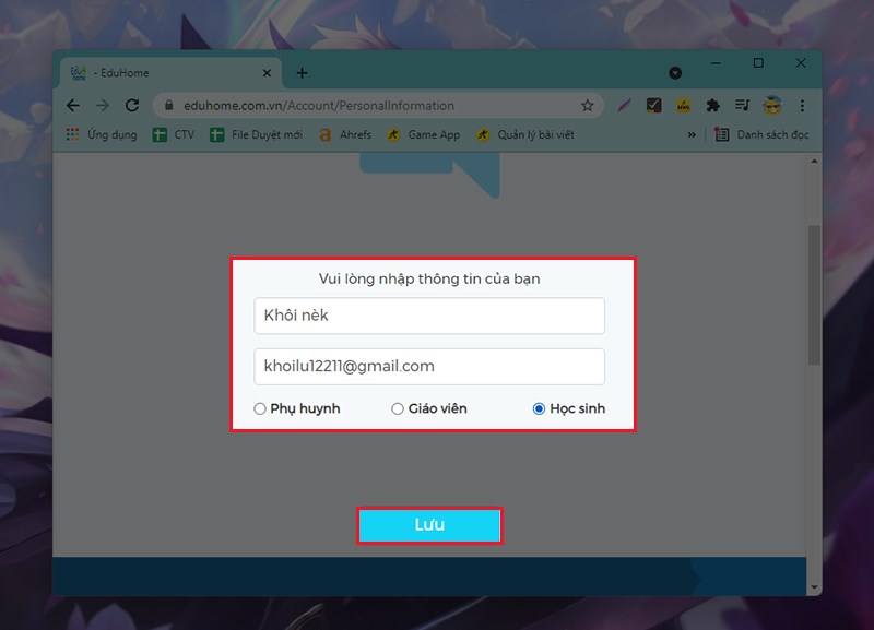 Nhập th&ocirc;ng tin để đăng k&yacute; t&agrave;i khoản Eduhome