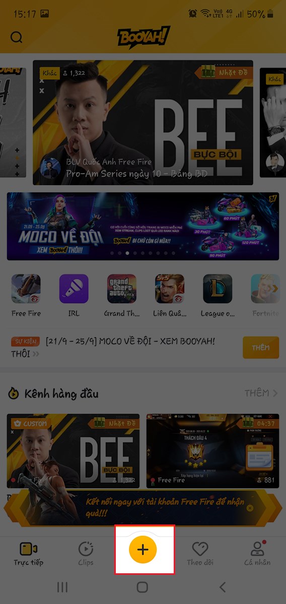 Mở ứng dụng BOOYAH > Chọn n&uacute;t Tạo mới