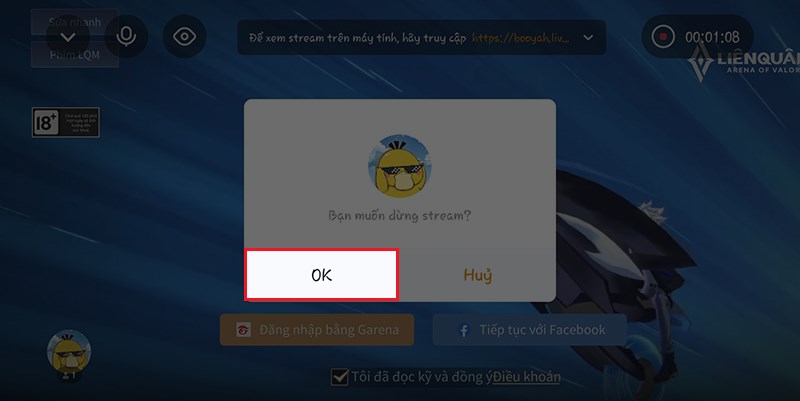 nhấn chọn n&uacute;t OK để ho&agrave;n tất qu&aacute; tr&igrave;nh Livestream tr&ecirc;n ứng dụng BOOYAH