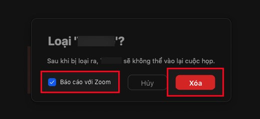 Bạn c&oacute; thể nhấn dấu t&iacute;ch v&agrave;o &ocirc; B&aacute;o c&aacute;o với Zoom sau đ&oacute; chọn X&oacute;a
