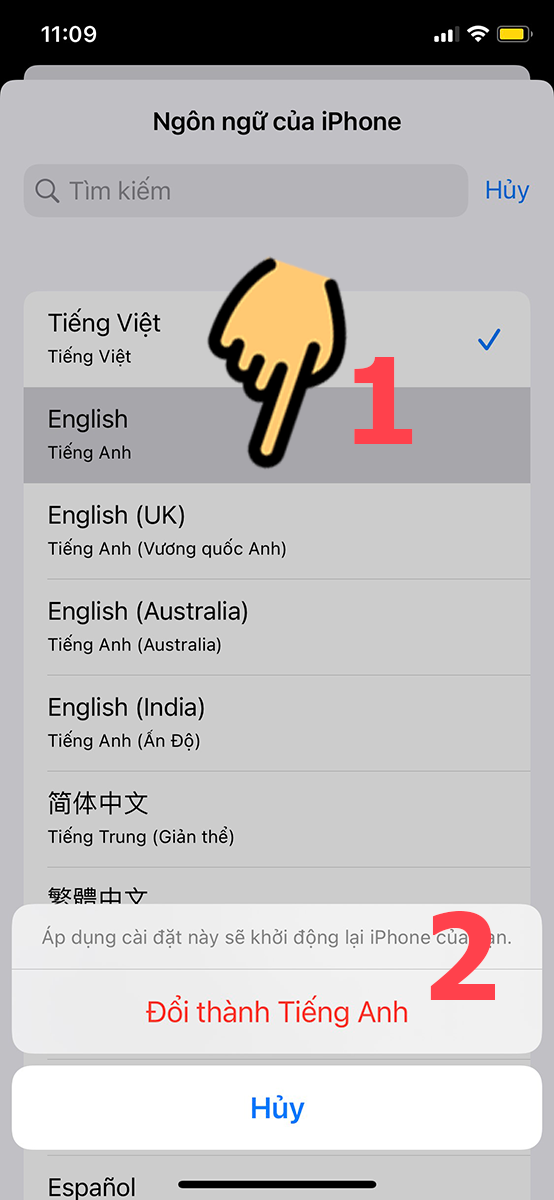 Chọn English và nhấn Đổi thành Tiếng Anh