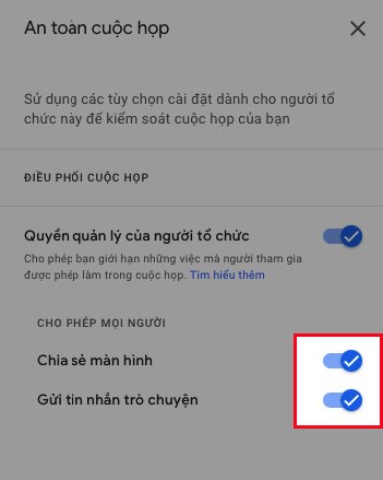 Nhấn vào biểu tượng nút gạt tại mục Chia sẻ màn hình và mục Gửi tin nhắn trò chuyện