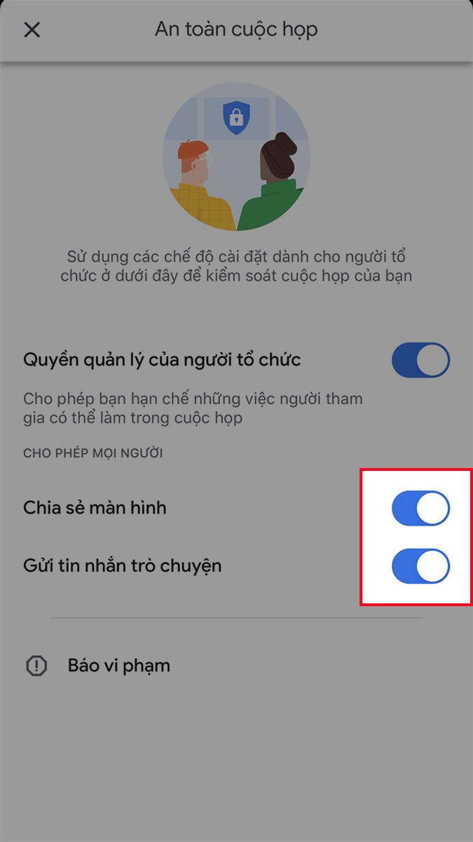 Nhấn vào biểu tượng nút gạt tại mục Chia sẻ màn hình và mục Gửi tin nhắn trò chuyện